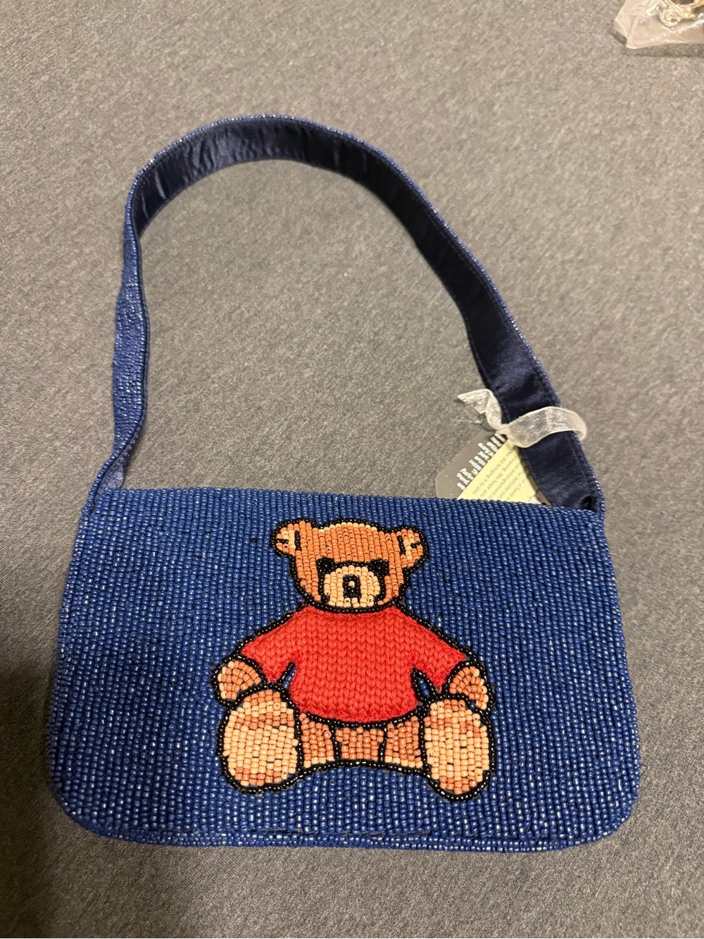 T.J.Maxx Blue Beaded Shoulder Bag with Teddy Motif